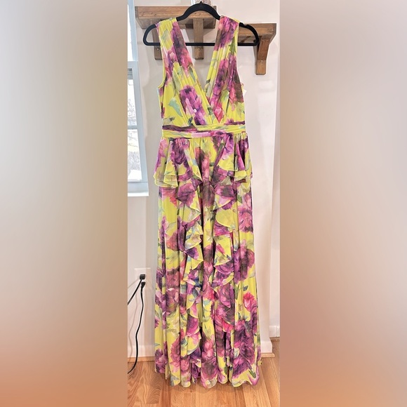 NWT Badgley Mischka Floral Ruffle V Neck Gown Purple Yellow Green 8 - Picture 3 of 16